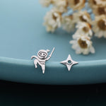 Mismatched Ninja and Ninja Shuriken Star Stud Earrings in Sterling Silver, Silver or Gold or Rose Gold or Black, Asymmetric Ninja Earrings