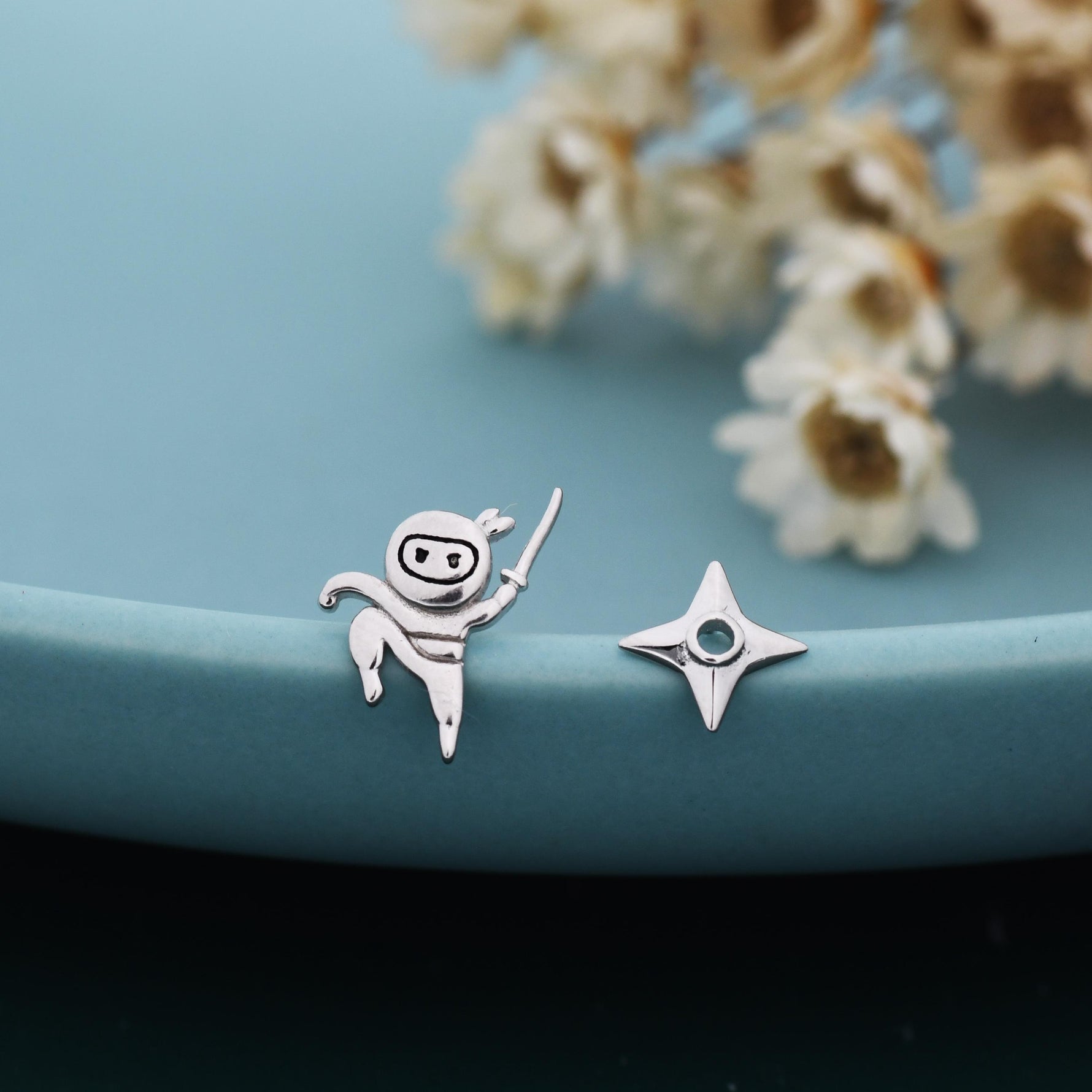 Mismatched Ninja and Ninja Shuriken Star Stud Earrings in Sterling Silver, Silver or Gold or Rose Gold or Black, Asymmetric Ninja Earrings