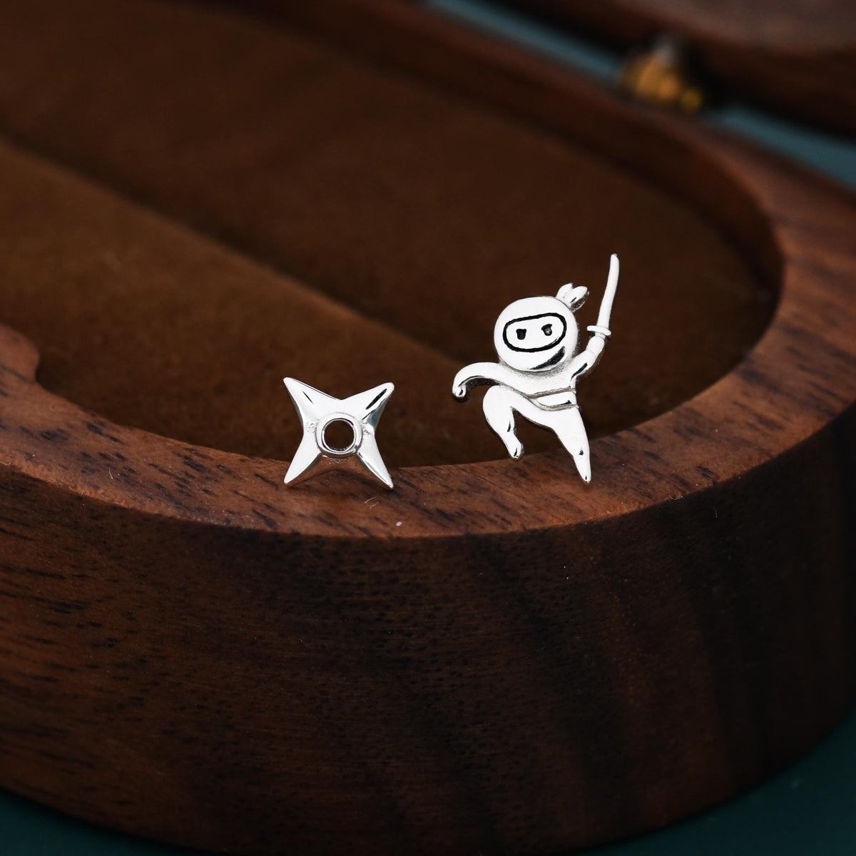 Mismatched Ninja and Ninja Shuriken Star Stud Earrings in Sterling Silver, Silver or Gold or Rose Gold or Black, Asymmetric Ninja Earrings