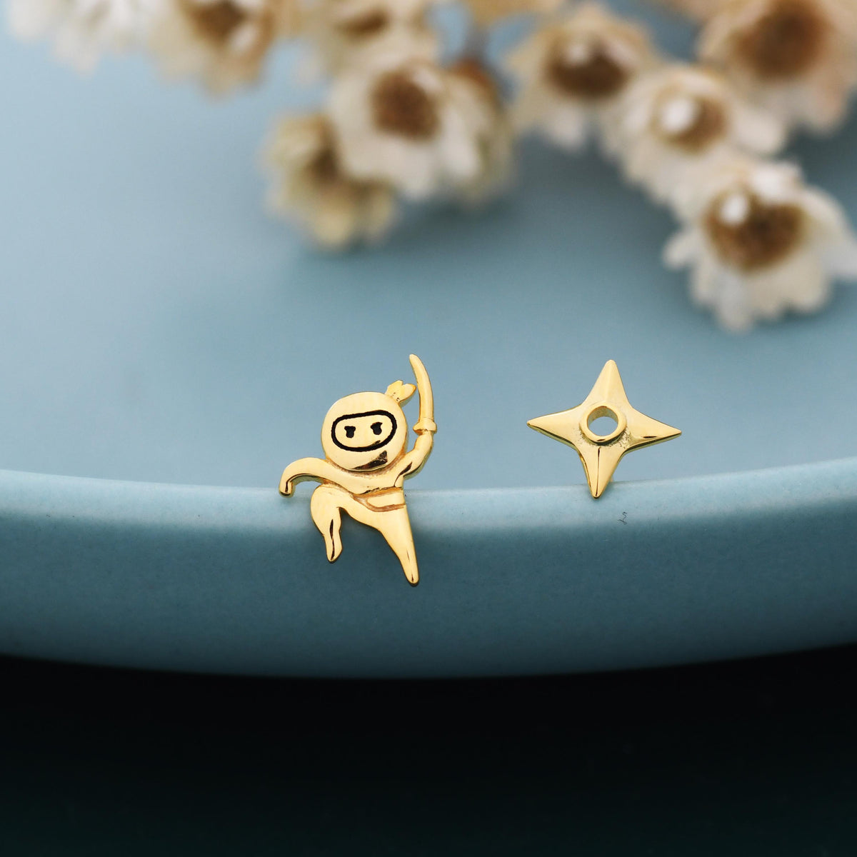 Mismatched Ninja and Ninja Shuriken Star Stud Earrings in Sterling Silver, Silver or Gold or Rose Gold or Black, Asymmetric Ninja Earrings