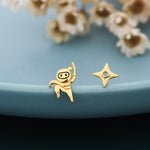 Mismatched Ninja and Ninja Shuriken Star Stud Earrings in Sterling Silver, Silver or Gold or Rose Gold or Black, Asymmetric Ninja Earrings
