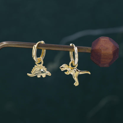 Sterling Silver Mismatched Dinosaur Dangle Hoop Earrings, Silver, Gold or Rose Gold,Asymmetric Stegosaurus and T Rex Huggie Hoops,