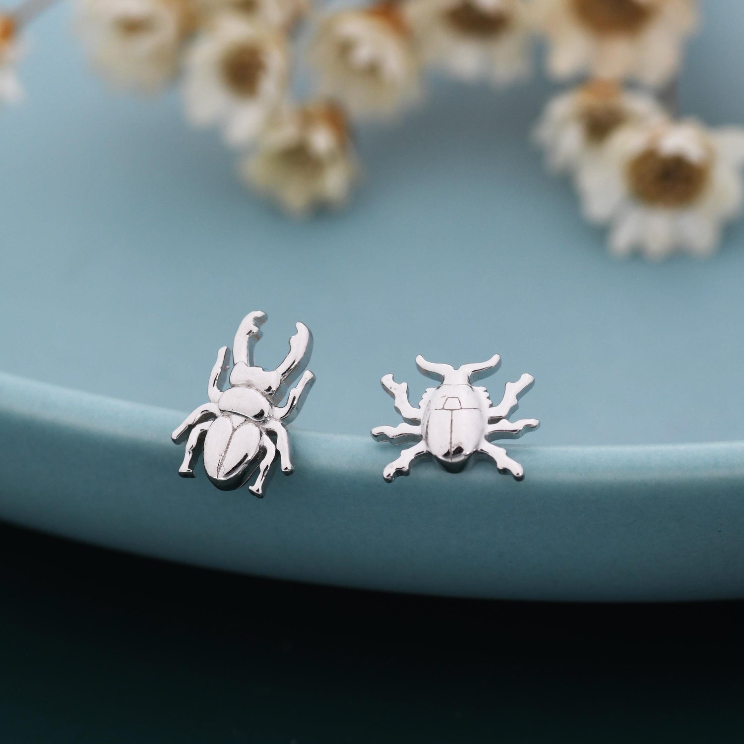 Tiny Mismatched Stag Beetle Stud Earrings in Sterling Silver, Silver or Gold or Rose Gold, Asymmetric Beetle Earrings, Bugs Earrings,