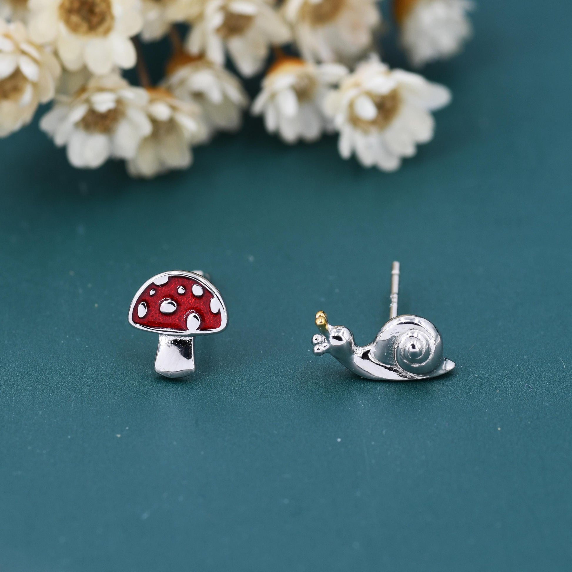 Mismatched Snail and Mushroom Stud Earrings in Sterling Silver, Asymmetric Mushroom and Snail Nature Inspired Animal Earrings