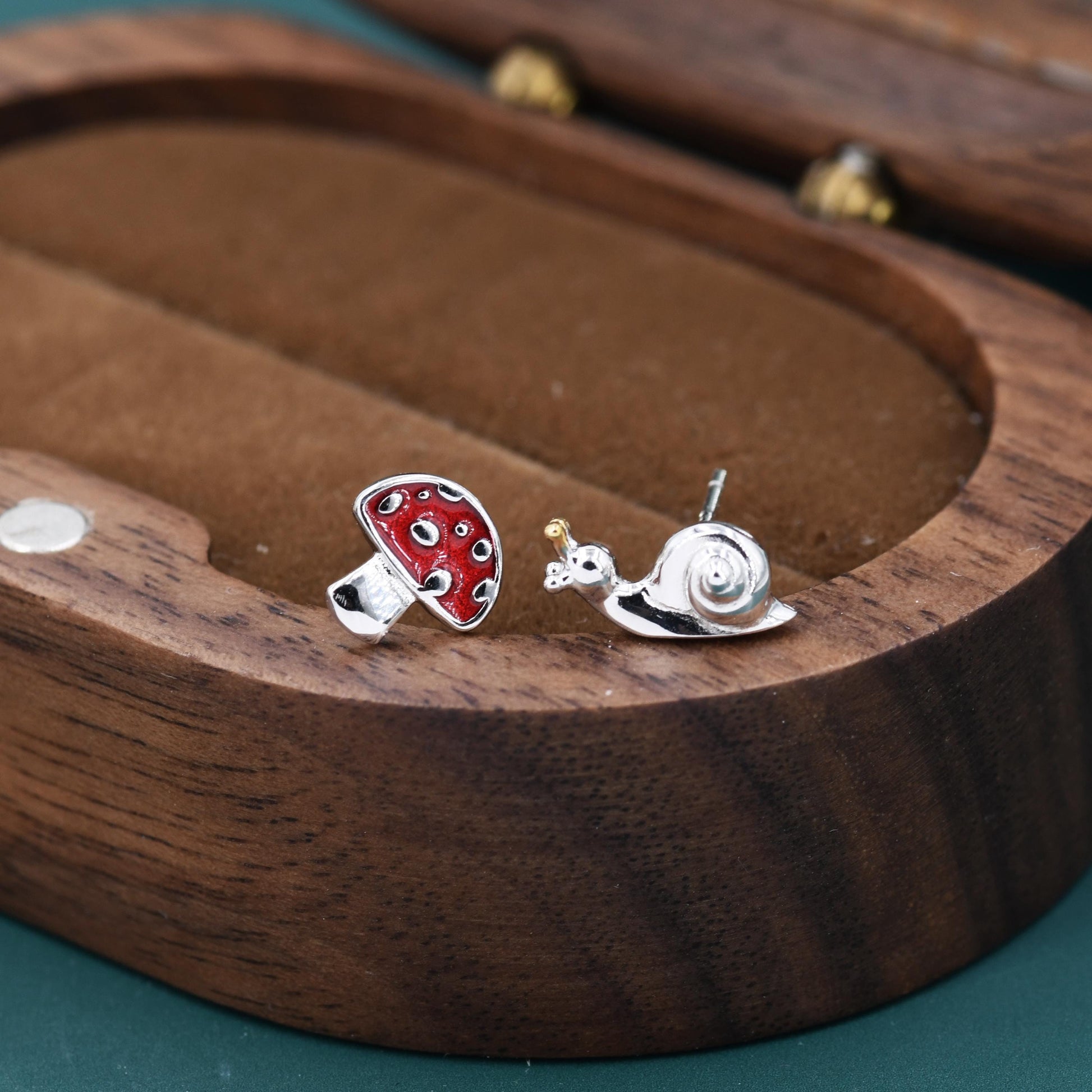 Mismatched Snail and Mushroom Stud Earrings in Sterling Silver, Asymmetric Mushroom and Snail Nature Inspired Animal Earrings