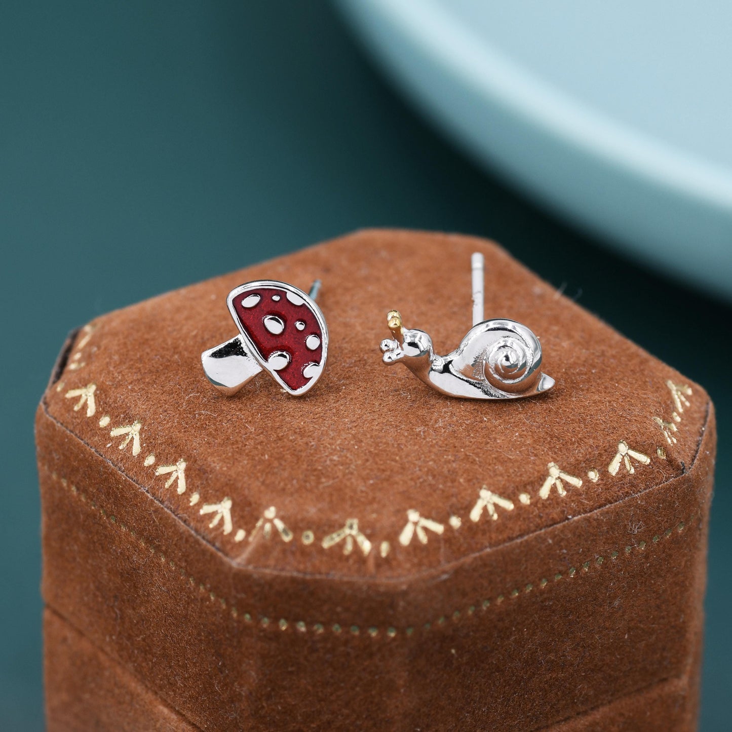 Mismatched Snail and Mushroom Stud Earrings in Sterling Silver, Asymmetric Mushroom and Snail Nature Inspired Animal Earrings