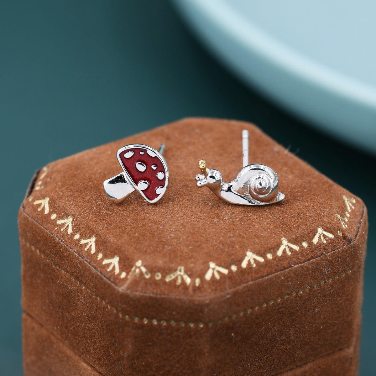 Mismatched Snail and Mushroom Stud Earrings in Sterling Silver, Asymmetric Mushroom and Snail Nature Inspired Animal Earrings