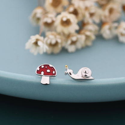 Mismatched Snail and Mushroom Stud Earrings in Sterling Silver, Asymmetric Mushroom and Snail Nature Inspired Animal Earrings