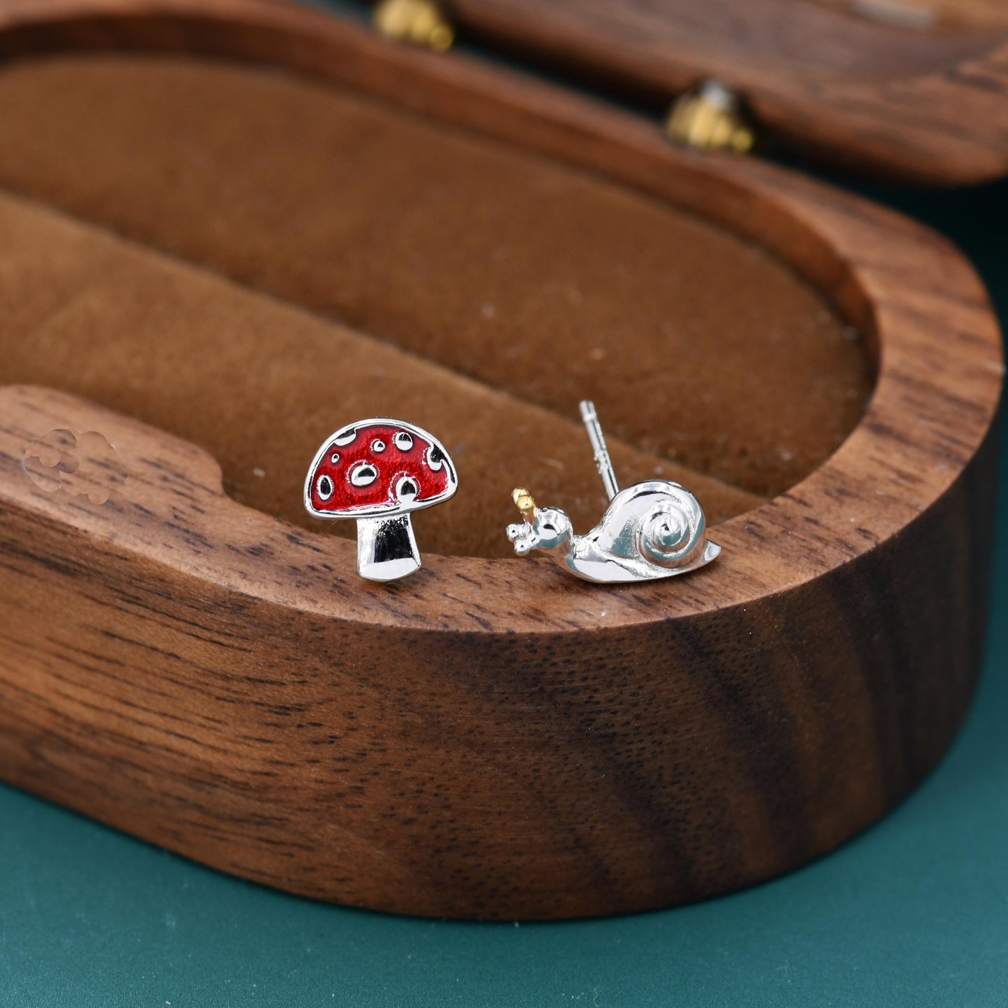 Mismatched Snail and Mushroom Stud Earrings in Sterling Silver, Asymmetric Mushroom and Snail Nature Inspired Animal Earrings