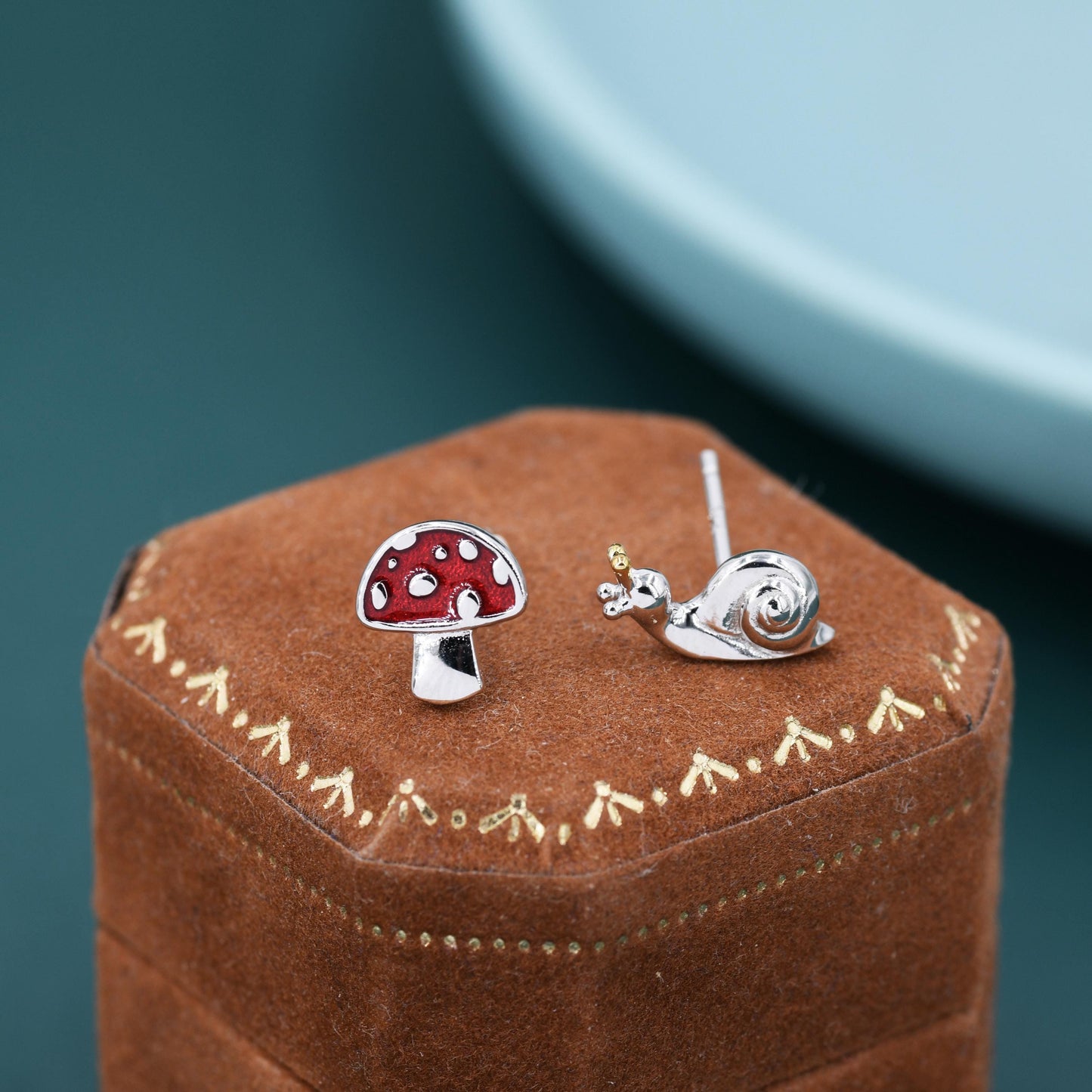 Mismatched Snail and Mushroom Stud Earrings in Sterling Silver, Asymmetric Mushroom and Snail Nature Inspired Animal Earrings