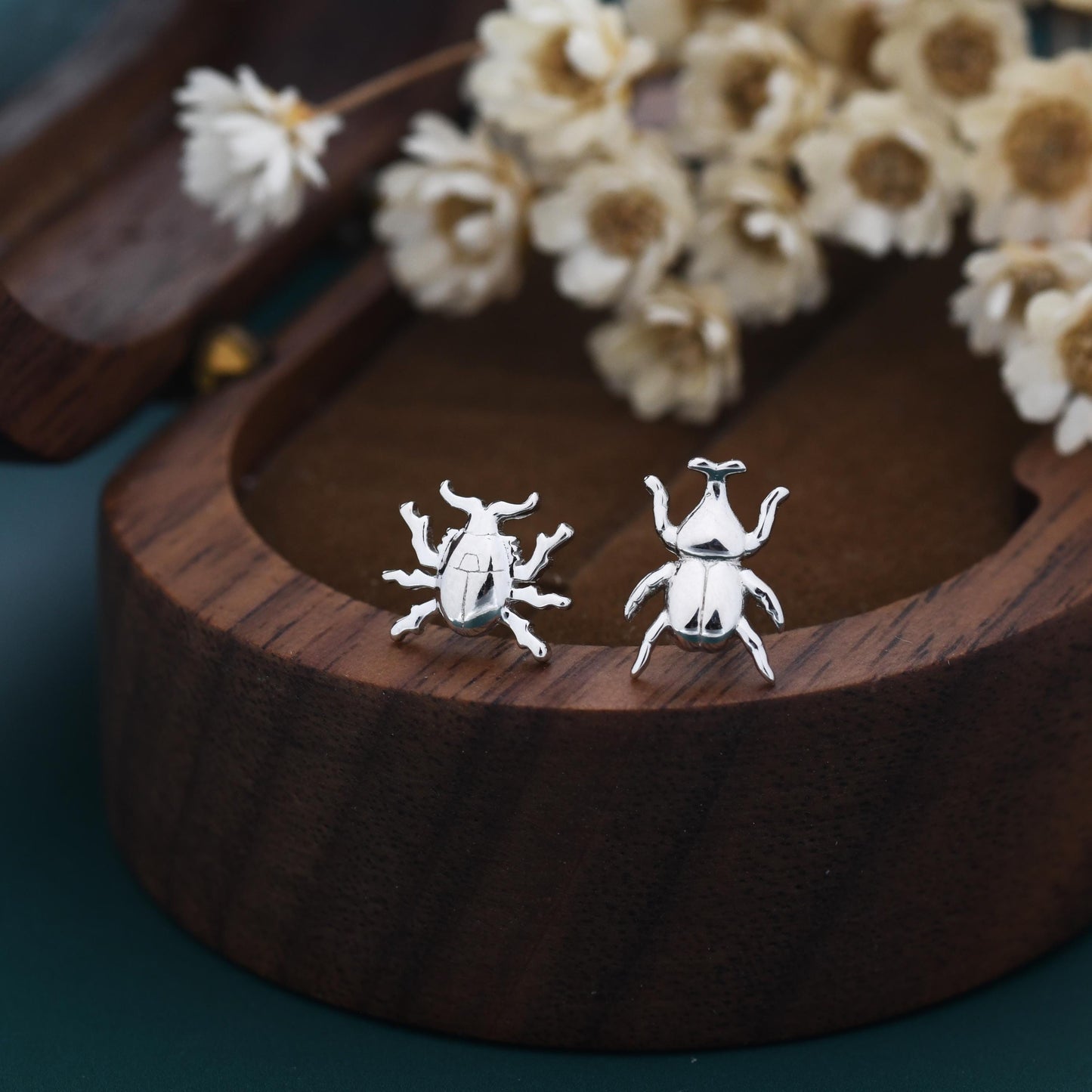 Tiny Mismatched Little Stag Beetle Stud Earrings in Sterling Silver, Silver or Gold, Asymmetric Beetle Earrings, Bugs Earrings, Bugs Stud