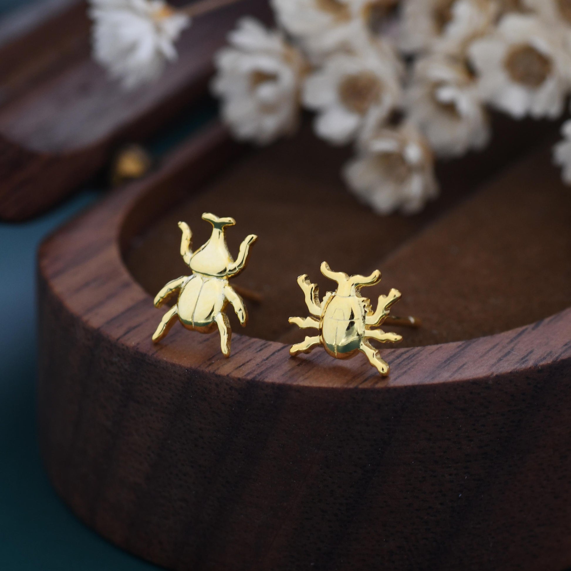 Tiny Mismatched Little Stag Beetle Stud Earrings in Sterling Silver, Silver or Gold, Asymmetric Beetle Earrings, Bugs Earrings, Bugs Stud