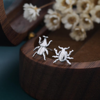 Tiny Mismatched Little Stag Beetle Stud Earrings in Sterling Silver, Silver or Gold, Asymmetric Beetle Earrings, Bugs Earrings, Bugs Stud