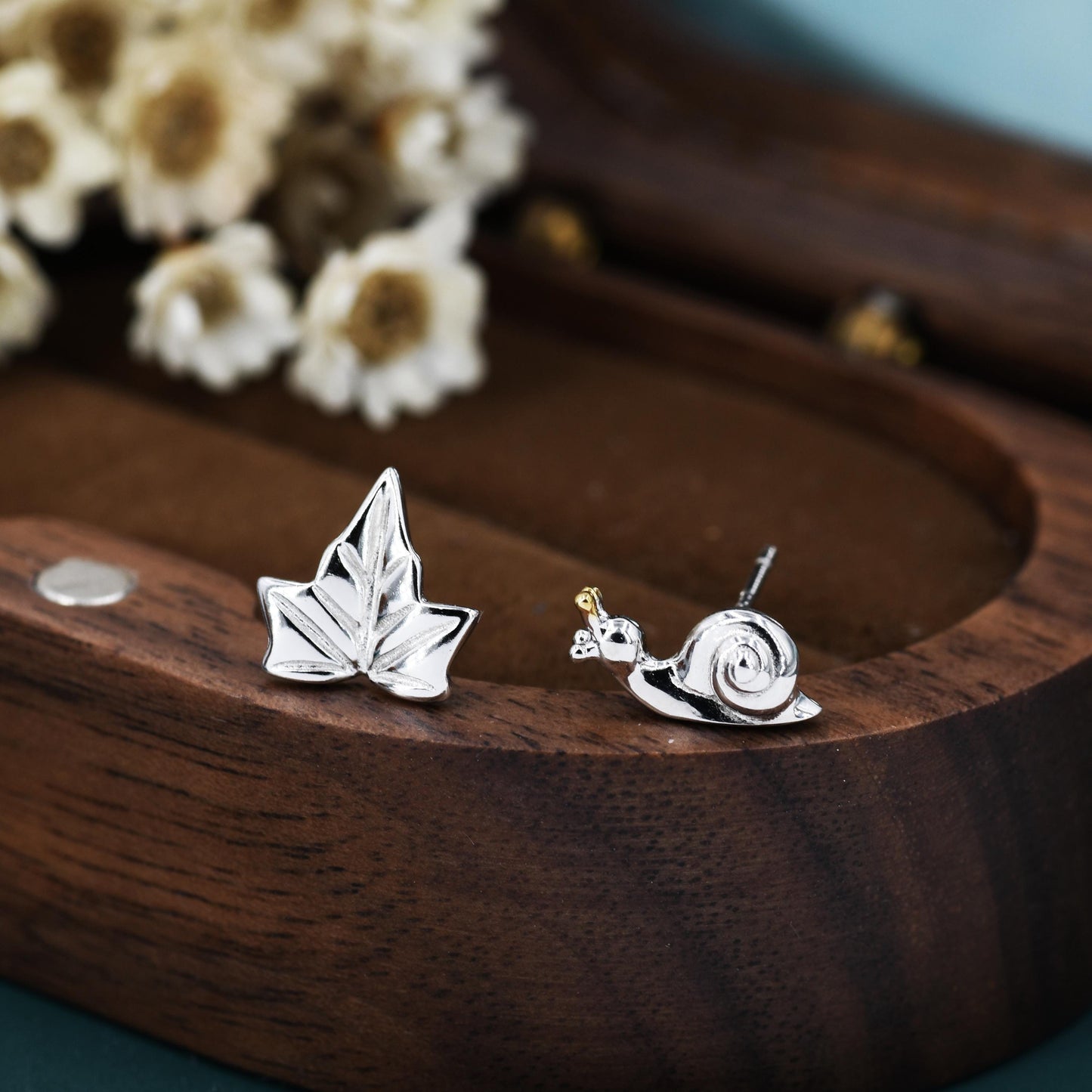 Mismatched Snail and Ivy Leaf Stud Earrings in Sterling Silver, Asymmetric Ivy Leaf and Snail Nature Inspired Animal Earrings