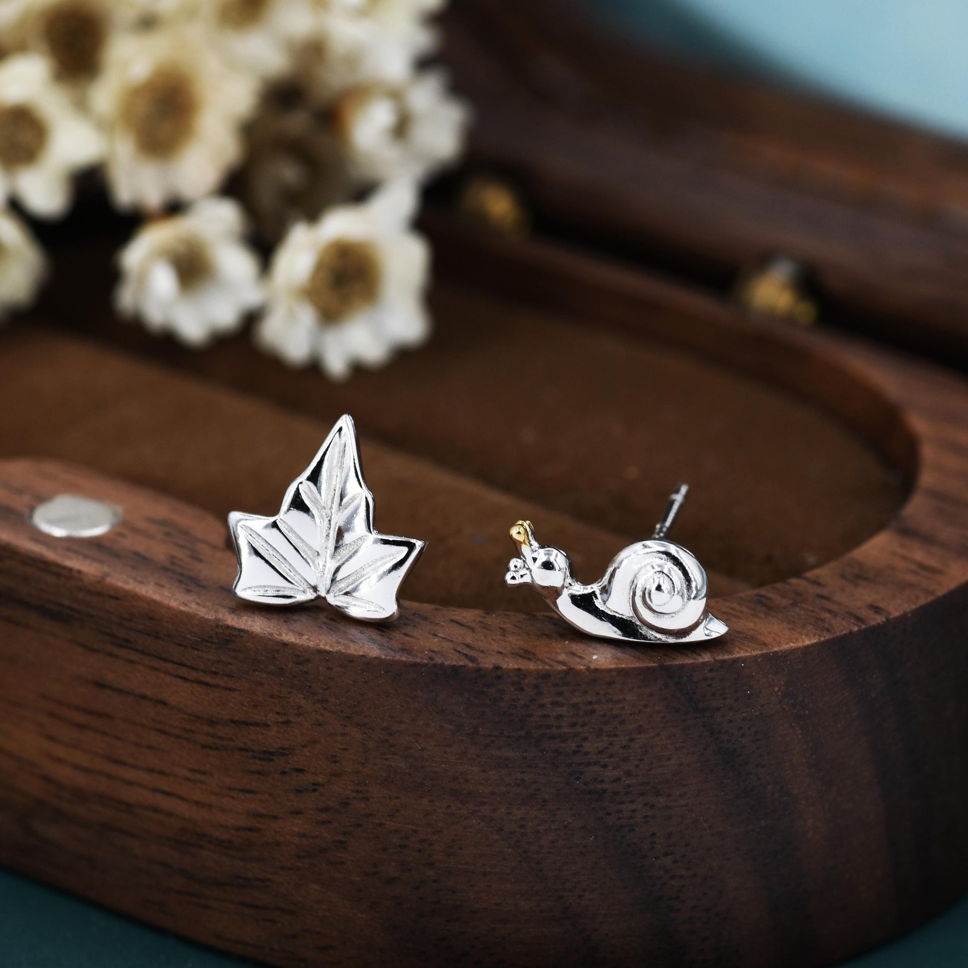Mismatched Snail and Ivy Leaf Stud Earrings in Sterling Silver, Asymmetric Ivy Leaf and Snail Nature Inspired Animal Earrings