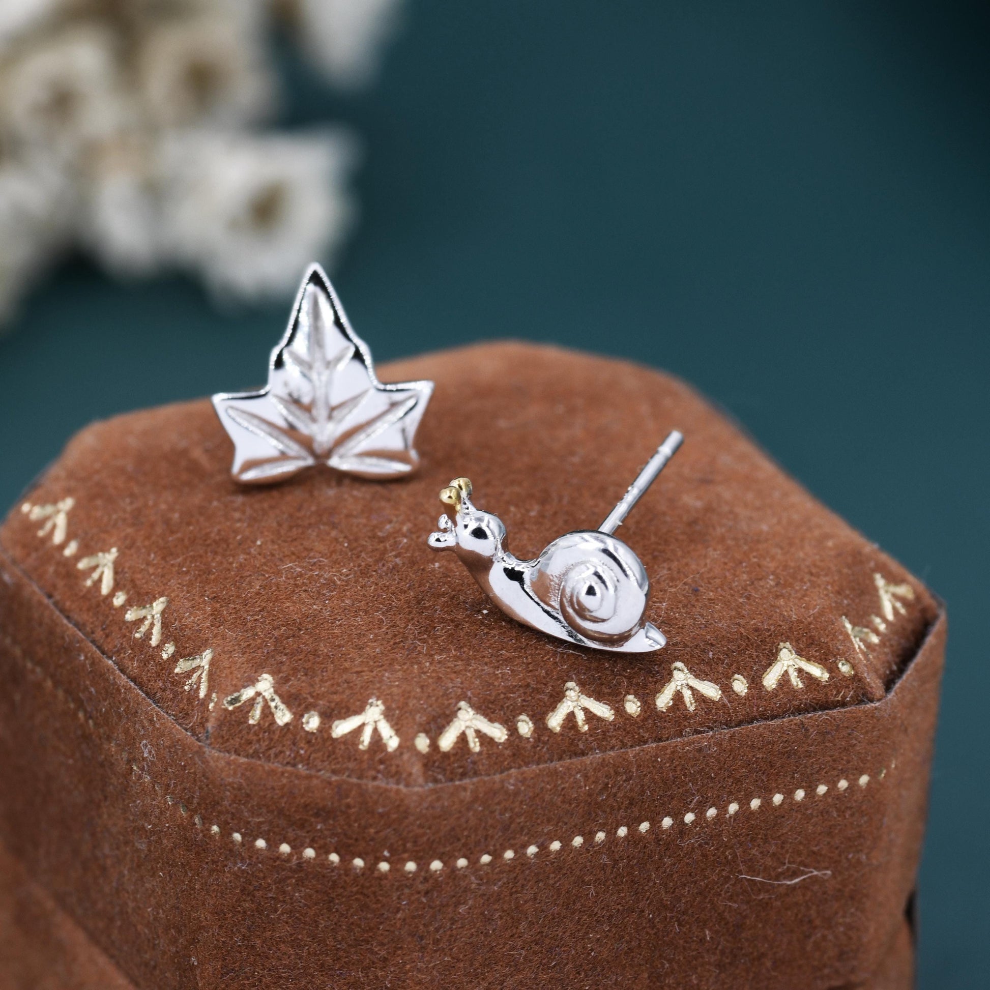 Mismatched Snail and Ivy Leaf Stud Earrings in Sterling Silver, Asymmetric Ivy Leaf and Snail Nature Inspired Animal Earrings