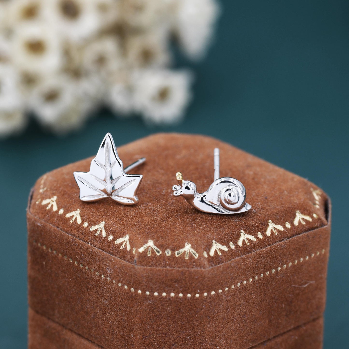 Mismatched Snail and Ivy Leaf Stud Earrings in Sterling Silver, Asymmetric Ivy Leaf and Snail Nature Inspired Animal Earrings