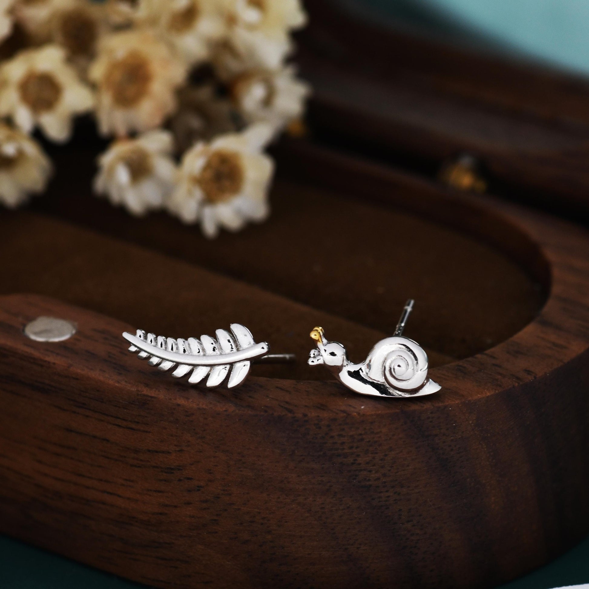 Mismatched Snail and Fern Leaf Stud Earrings in Sterling Silver, Asymmetric Fern Leaf and Snail Nature Inspired Animal Earrings