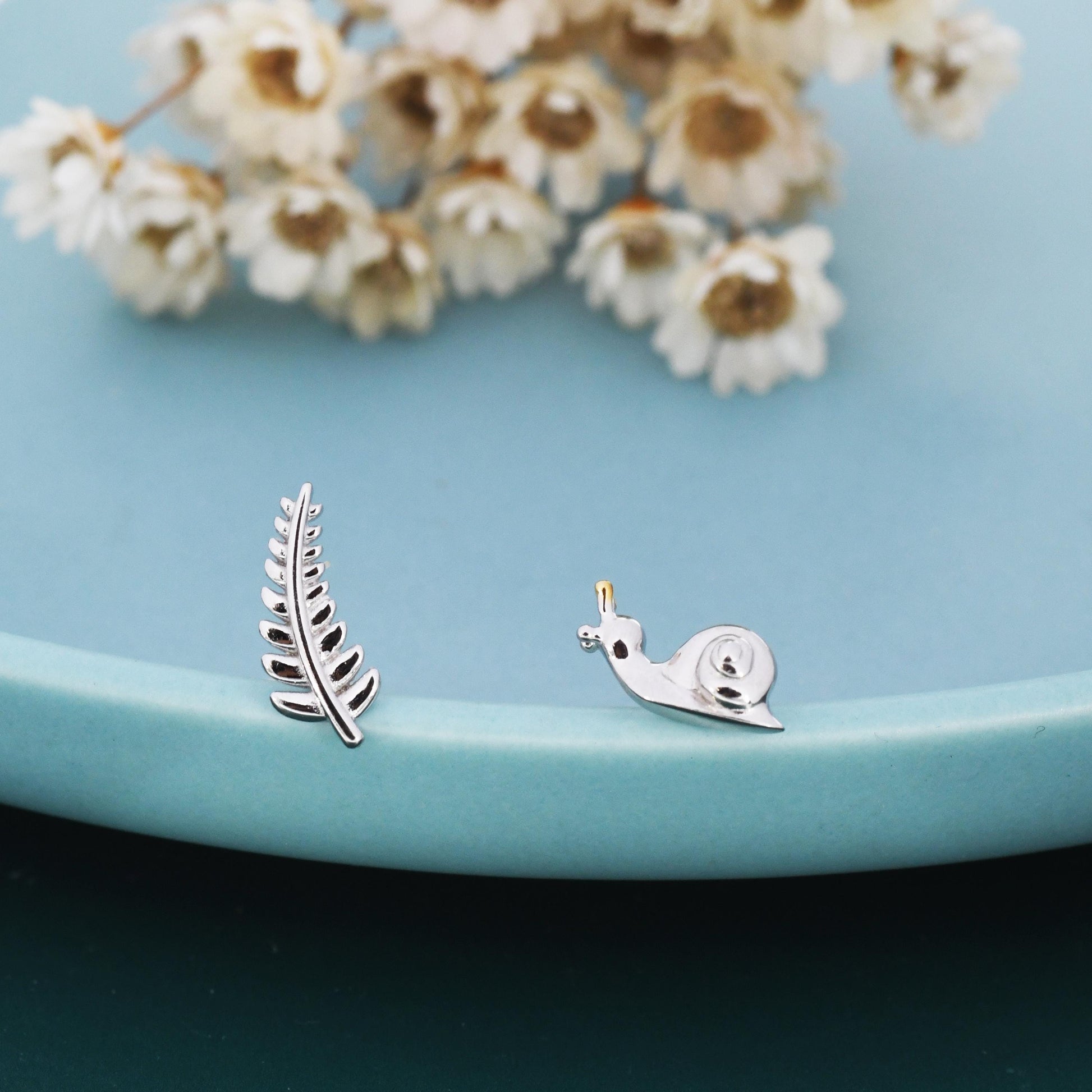 Mismatched Snail and Fern Leaf Stud Earrings in Sterling Silver, Asymmetric Fern Leaf and Snail Nature Inspired Animal Earrings