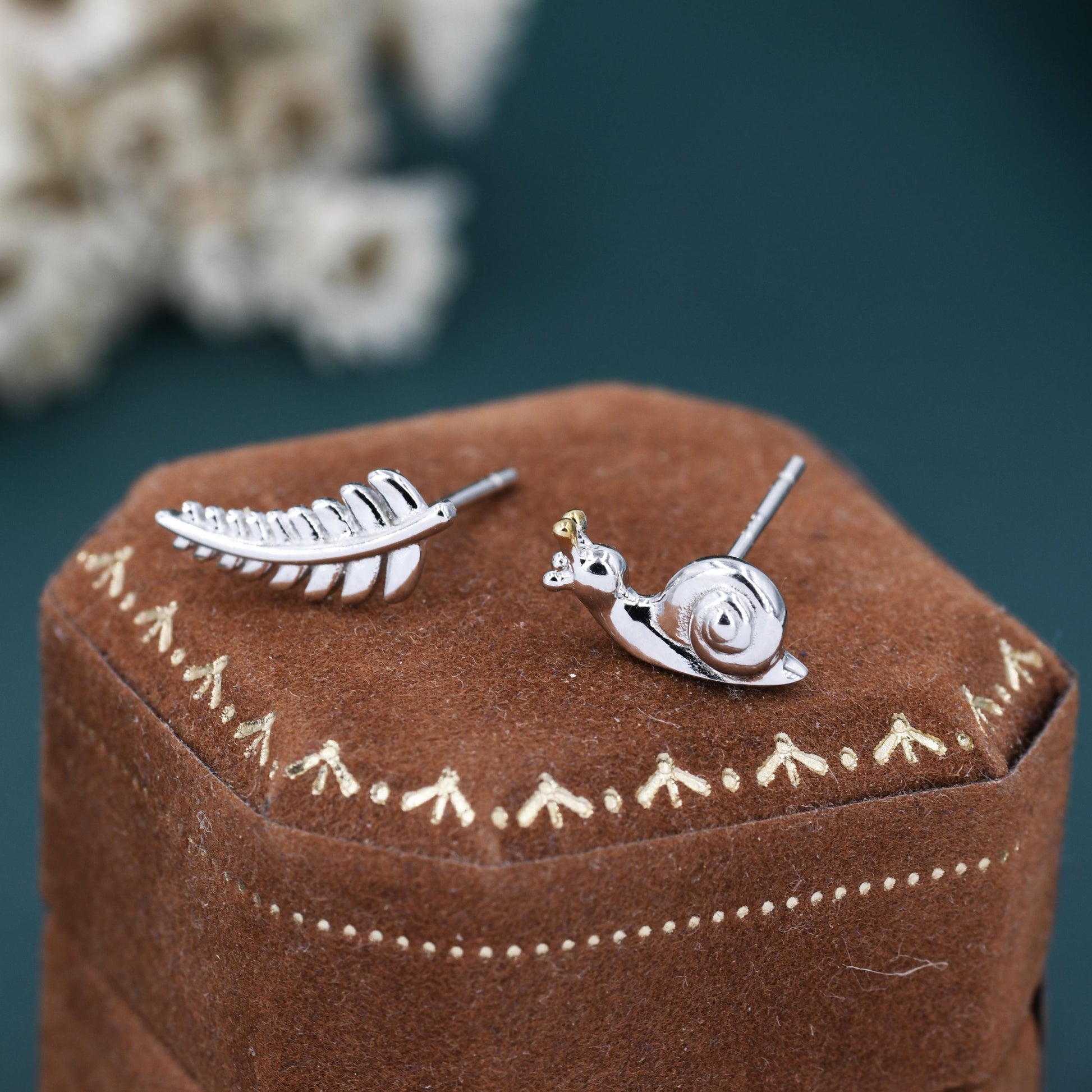 Mismatched Snail and Fern Leaf Stud Earrings in Sterling Silver, Asymmetric Fern Leaf and Snail Nature Inspired Animal Earrings