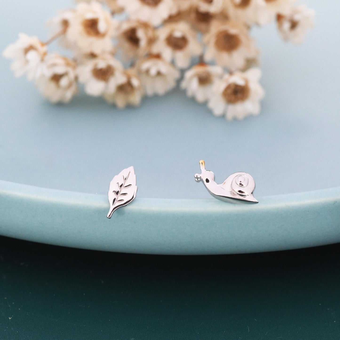 Mismatched Snail and Leaf Stud Earrings in Sterling Silver, Asymmetric Tiny Leaf and Snail Nature Inspired Animal Earrings