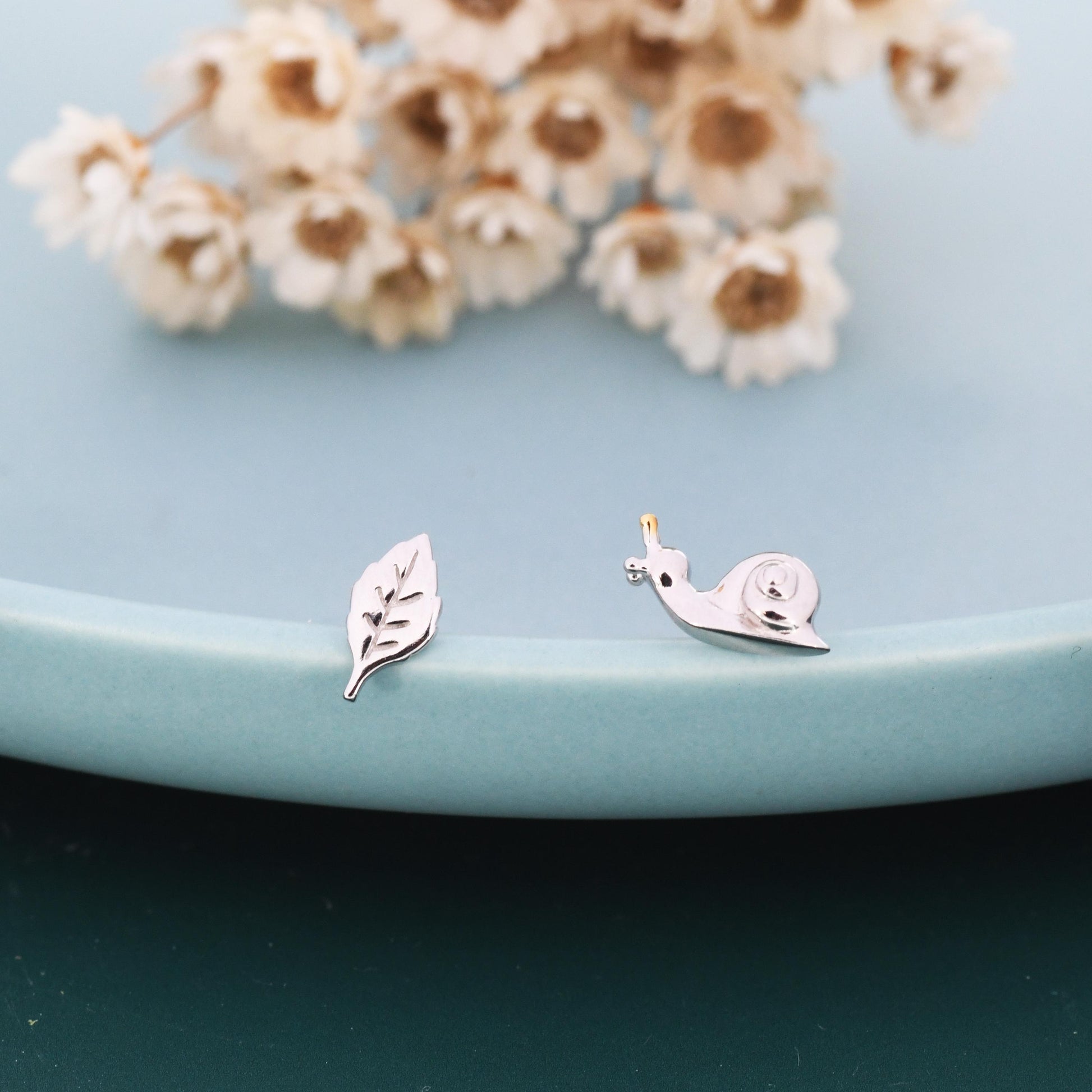 Mismatched Snail and Leaf Stud Earrings in Sterling Silver, Asymmetric Tiny Leaf and Snail Nature Inspired Animal Earrings