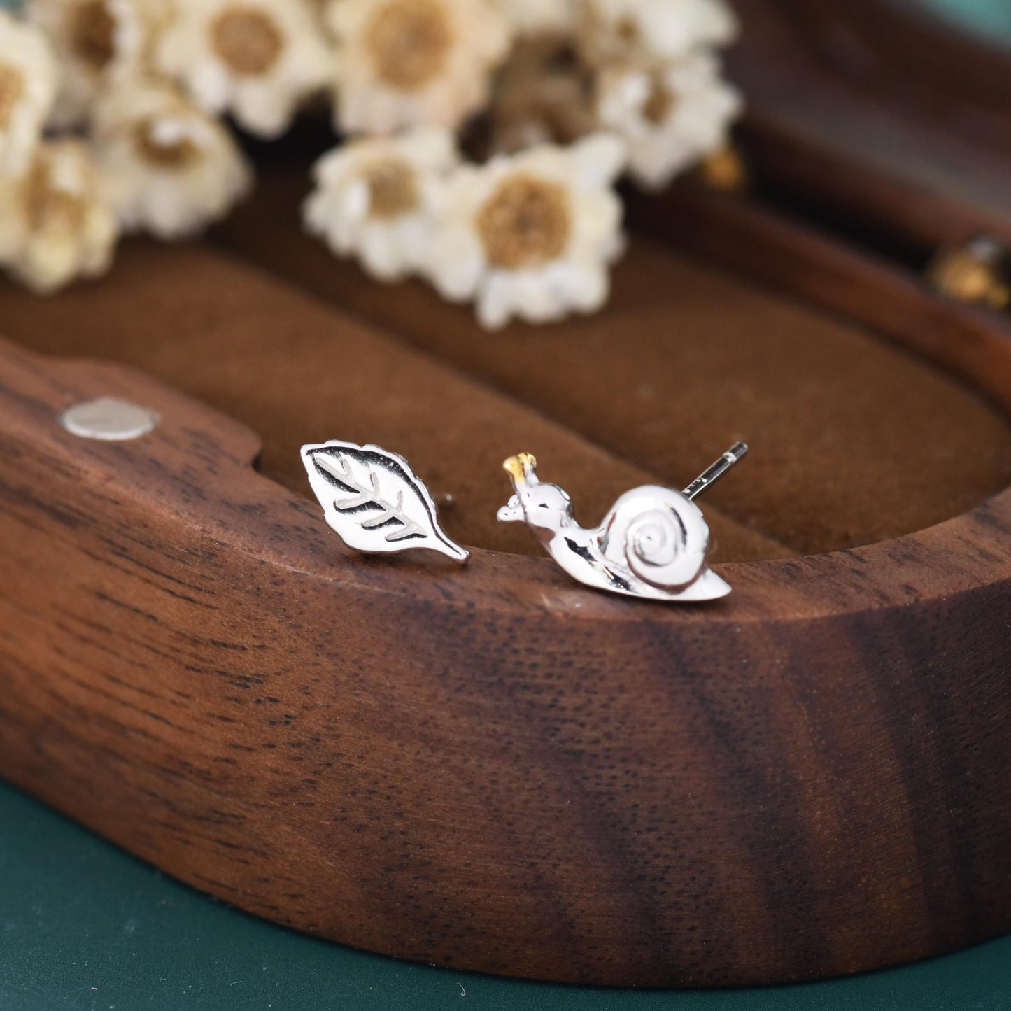Mismatched Snail and Leaf Stud Earrings in Sterling Silver, Asymmetric Tiny Leaf and Snail Nature Inspired Animal Earrings