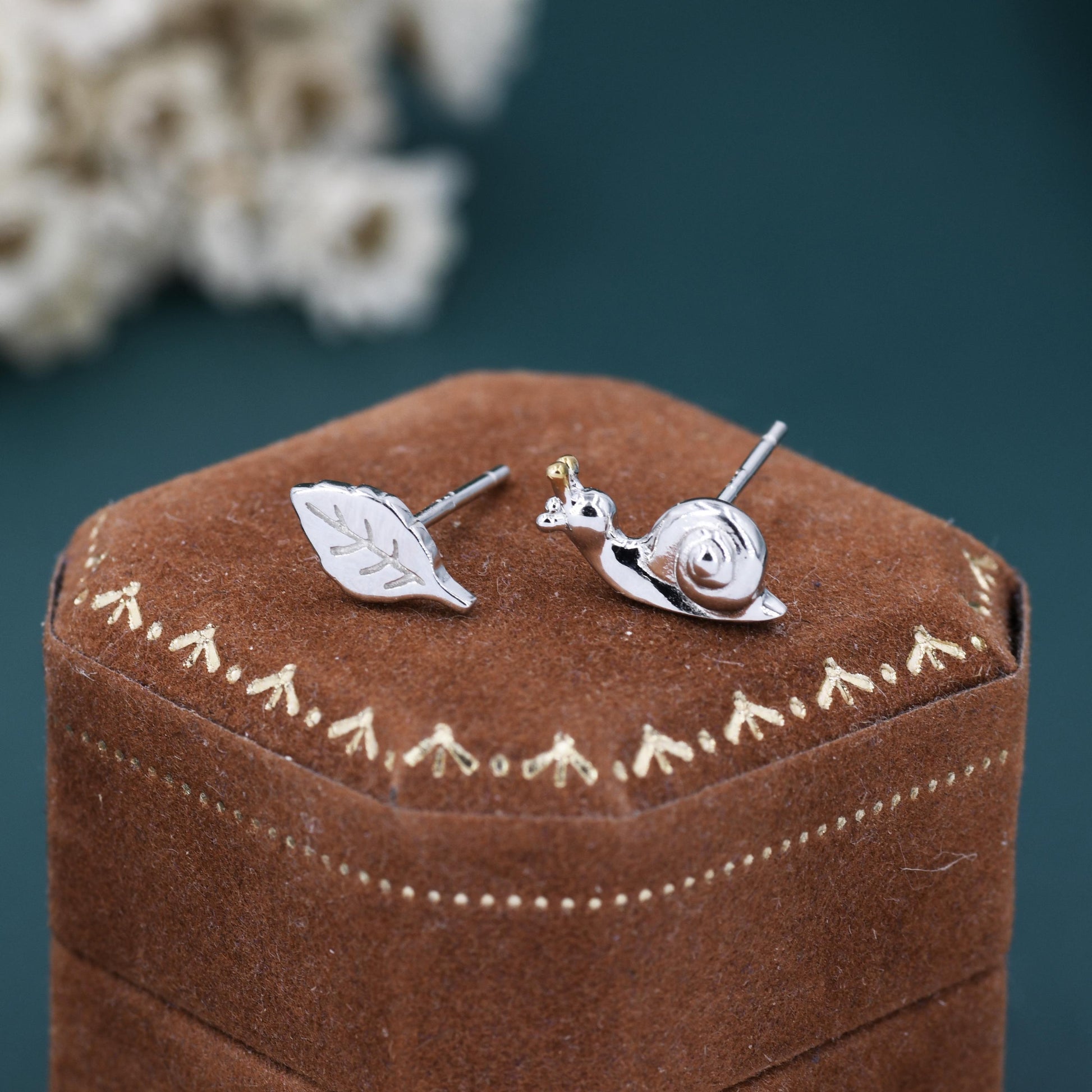Mismatched Snail and Leaf Stud Earrings in Sterling Silver, Asymmetric Tiny Leaf and Snail Nature Inspired Animal Earrings
