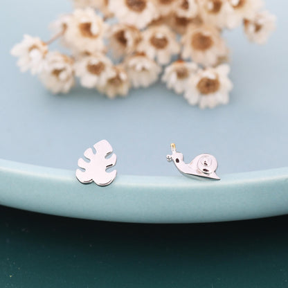 Mismatched Snail and Monstera Leaf Stud Earrings in Sterling Silver, Asymmetric Monstera Leaf and Snail Nature Inspired Animal Earrings