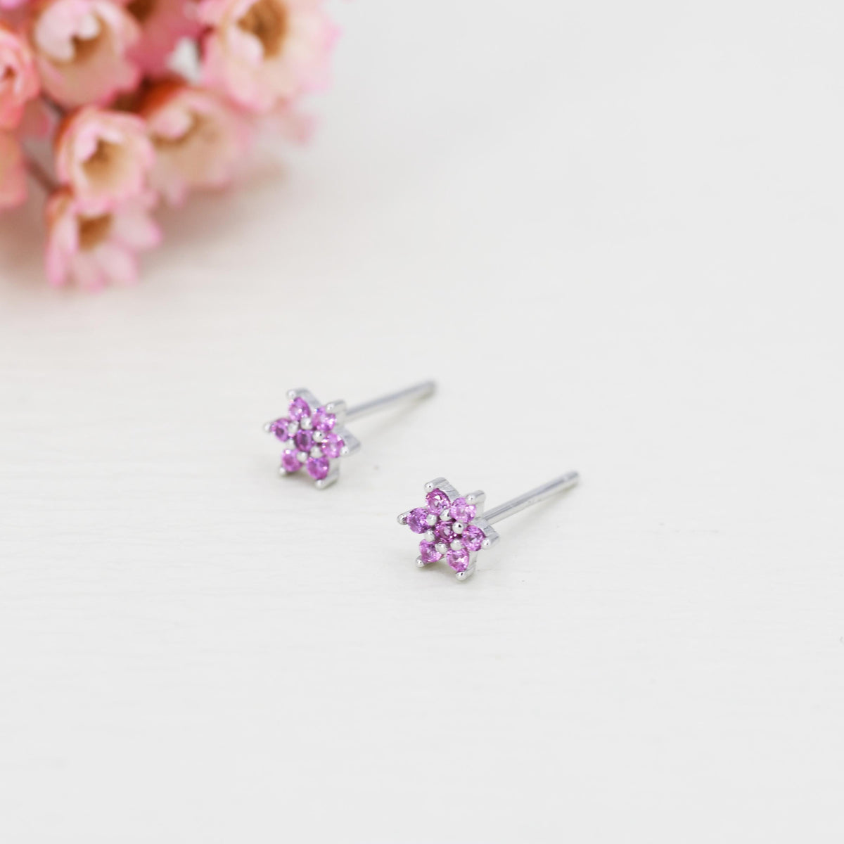 Pair of Very Tiny Pink CZ Flower Stud Earrings in Sterling Silver, Silver or Gold, Crystal Flower Earrings, Stacking Earrings, Snowflake