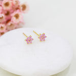 Pair of Very Tiny Pink CZ Flower Stud Earrings in Sterling Silver, Silver or Gold, Crystal Flower Earrings, Stacking Earrings, Snowflake