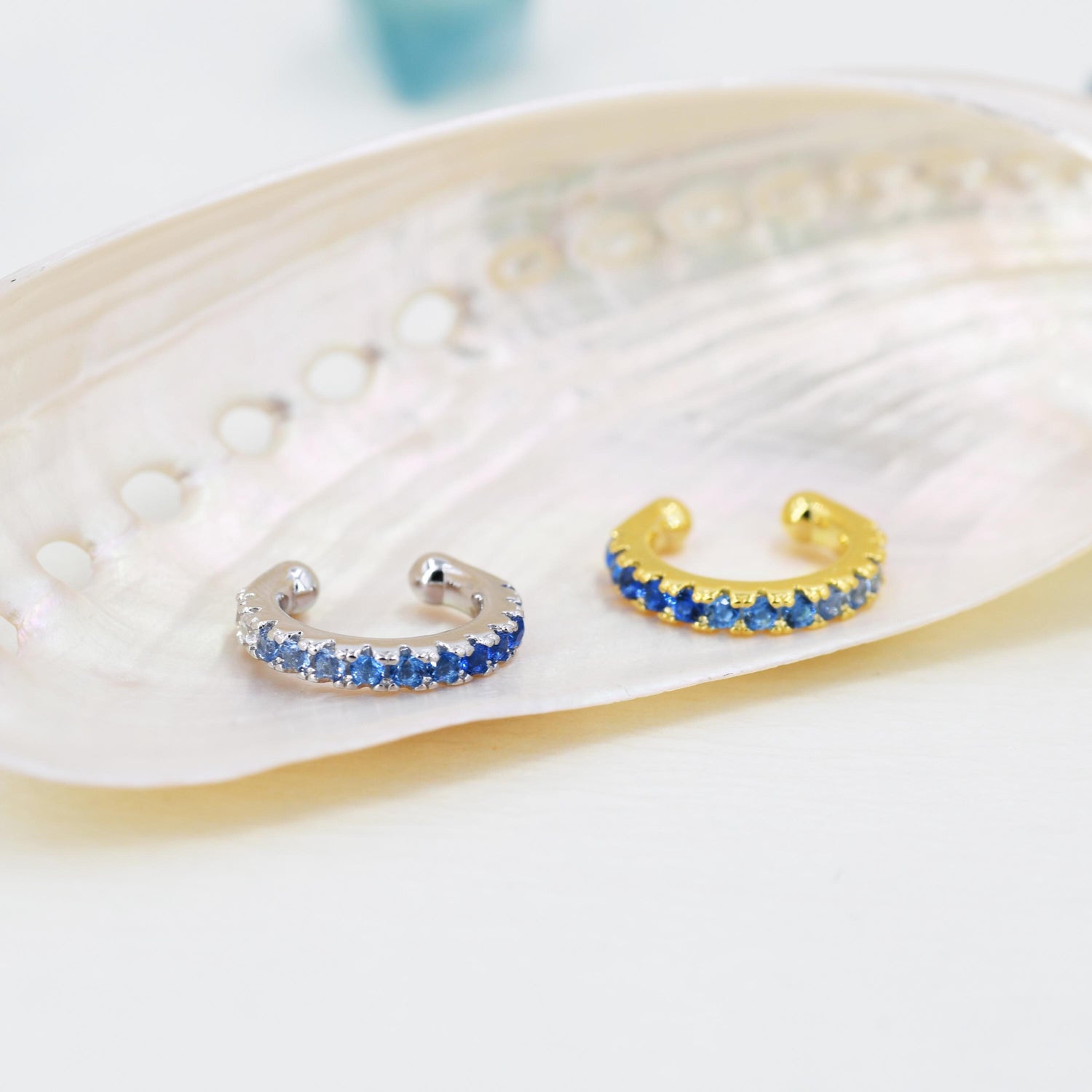 Sapphire Blue Ombre CZ Ear Cuff in Sterling Silver, Silver or Gold, Simple Piercing Free Earrings, Minimalist Ear Cuff, Blue CZ Ear Cuff