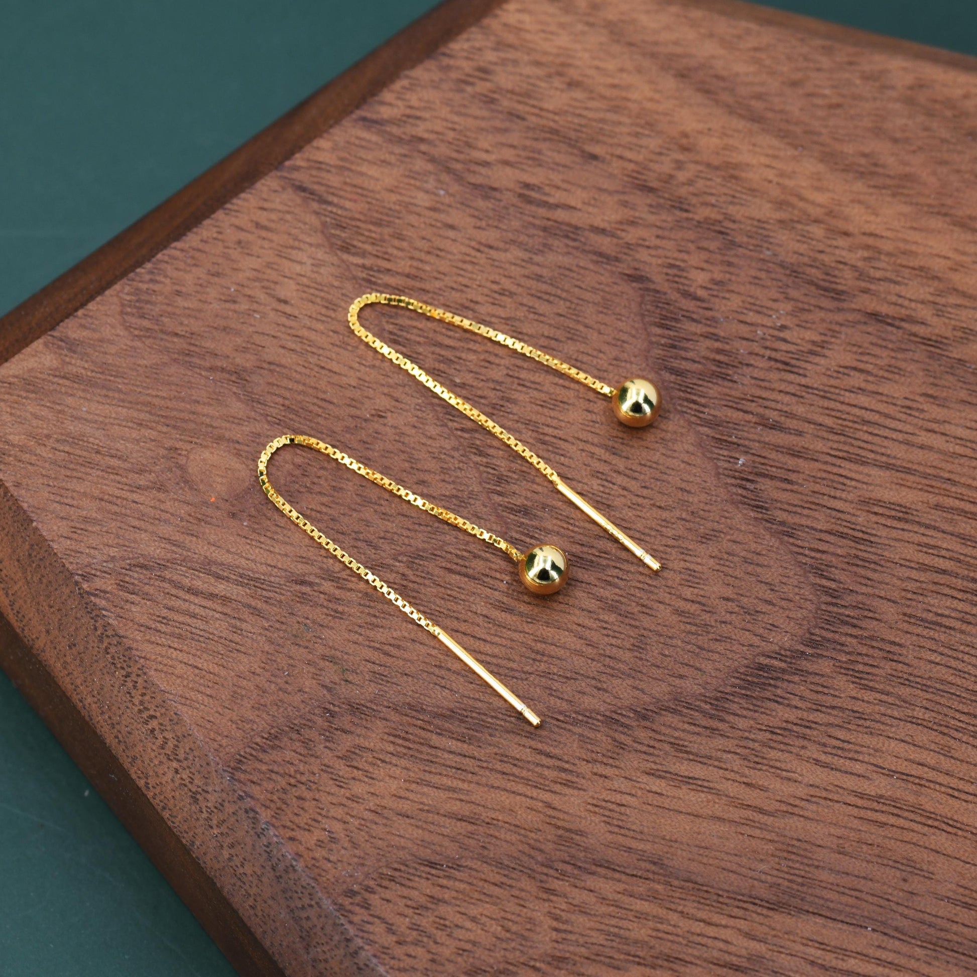 Sterling Silver 6cm Minimalist Ball Ear Threader, Silver or Gold or Rose Gold, Minimal Box Chain Threader earrings