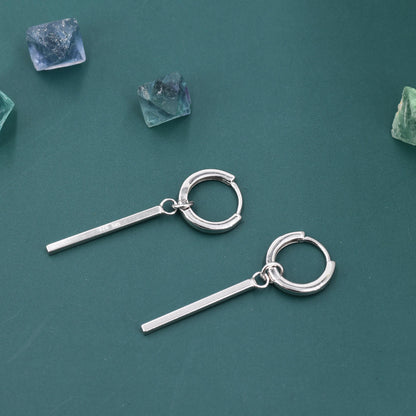 Sterling Silver Long Bars Huggie Hoop Earrings, 8mm Hoops with Detachable Bars, Bar Earrings, Bar Dangle Hoops, Bar Earrings