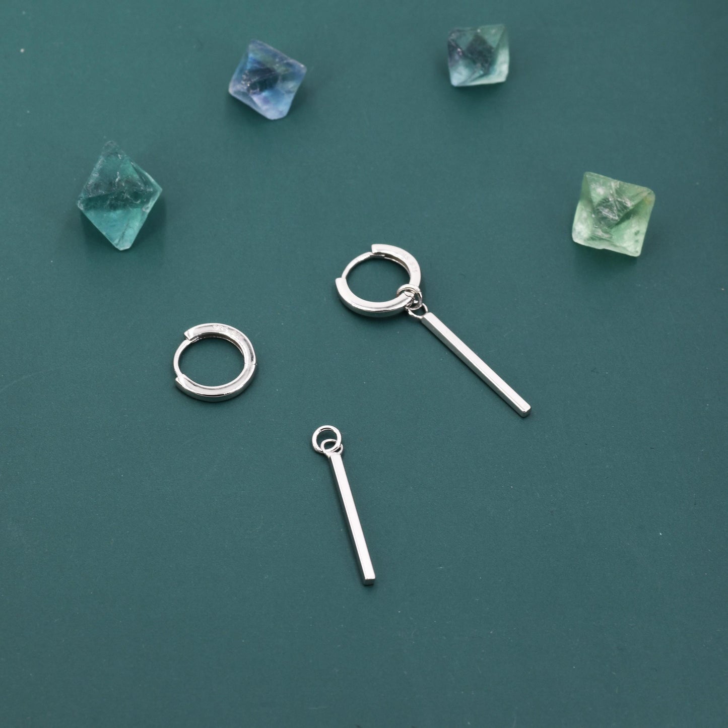 Sterling Silver Long Bars Huggie Hoop Earrings, 8mm Hoops with Detachable Bars, Bar Earrings, Bar Dangle Hoops, Bar Earrings