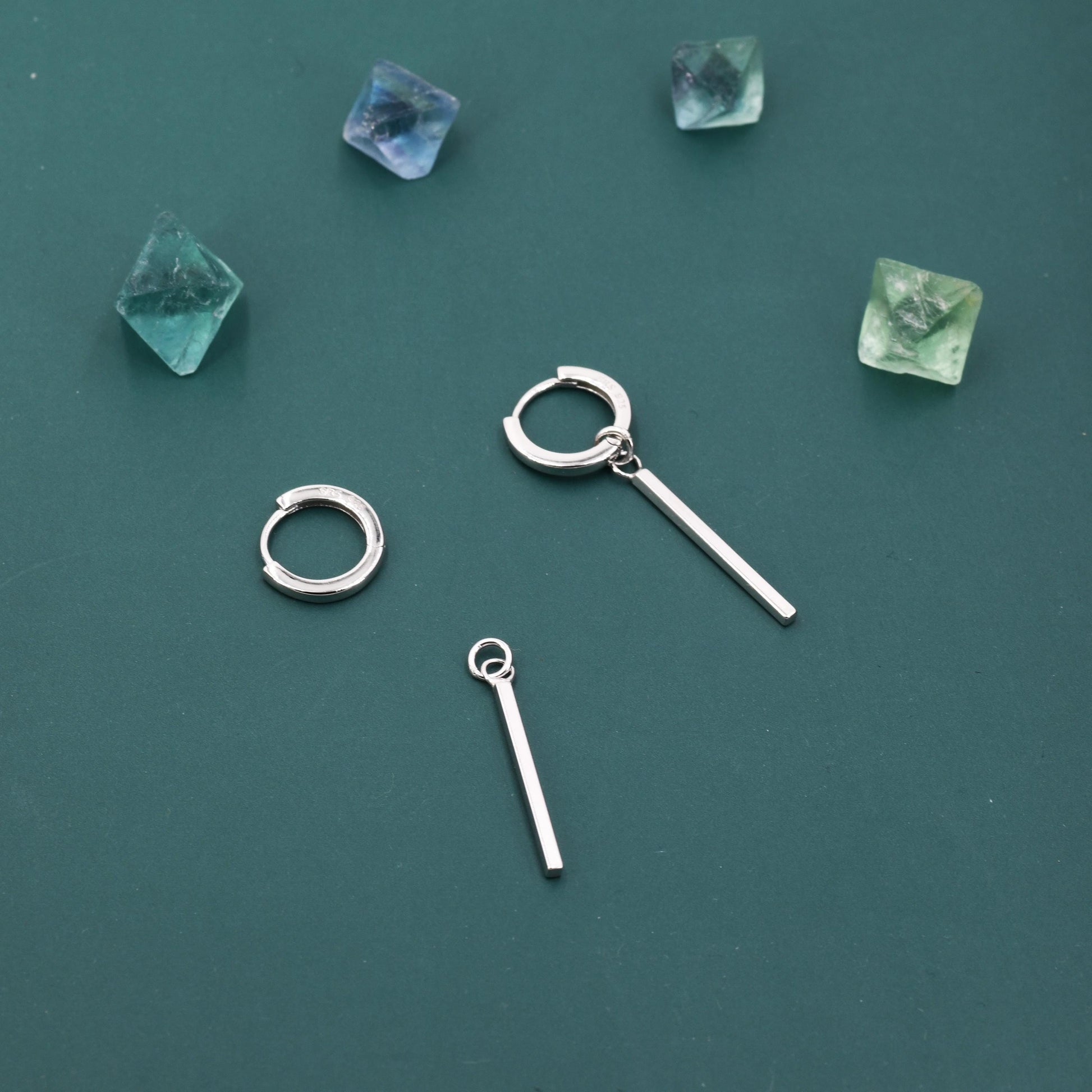 Sterling Silver Long Bars Huggie Hoop Earrings, 8mm Hoops with Detachable Bars, Bar Earrings, Bar Dangle Hoops, Bar Earrings