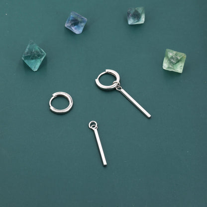 Sterling Silver Long Bars Huggie Hoop Earrings, 8mm Hoops with Detachable Bars, Bar Earrings, Bar Dangle Hoops, Bar Earrings