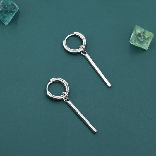 Sterling Silver Long Bars Huggie Hoop Earrings, 8mm Hoops with Detachable Bars, Bar Earrings, Bar Dangle Hoops, Bar Earrings