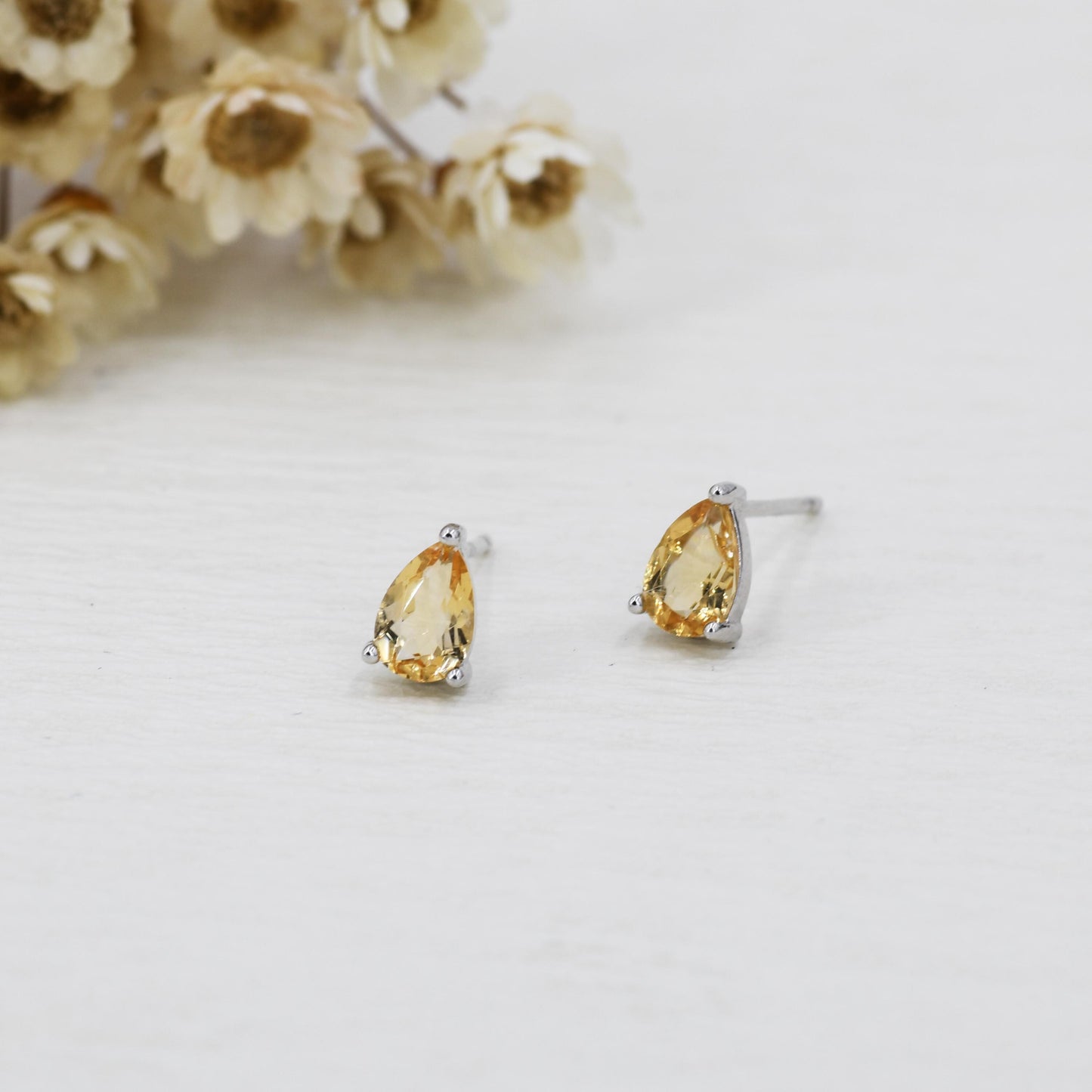 Genuine Citrine Crystal Droplet Stud Earrings in Sterling Silver, 4x6mm Natural Yellow Citrine Pear Shape Stud Earrings, November Birthstone
