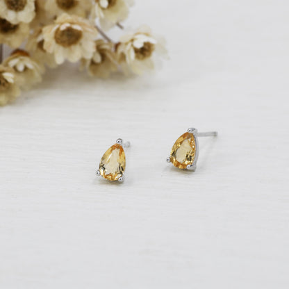 Genuine Citrine Crystal Droplet Stud Earrings in Sterling Silver, 4x6mm Natural Yellow Citrine Pear Shape Stud Earrings, November Birthstone