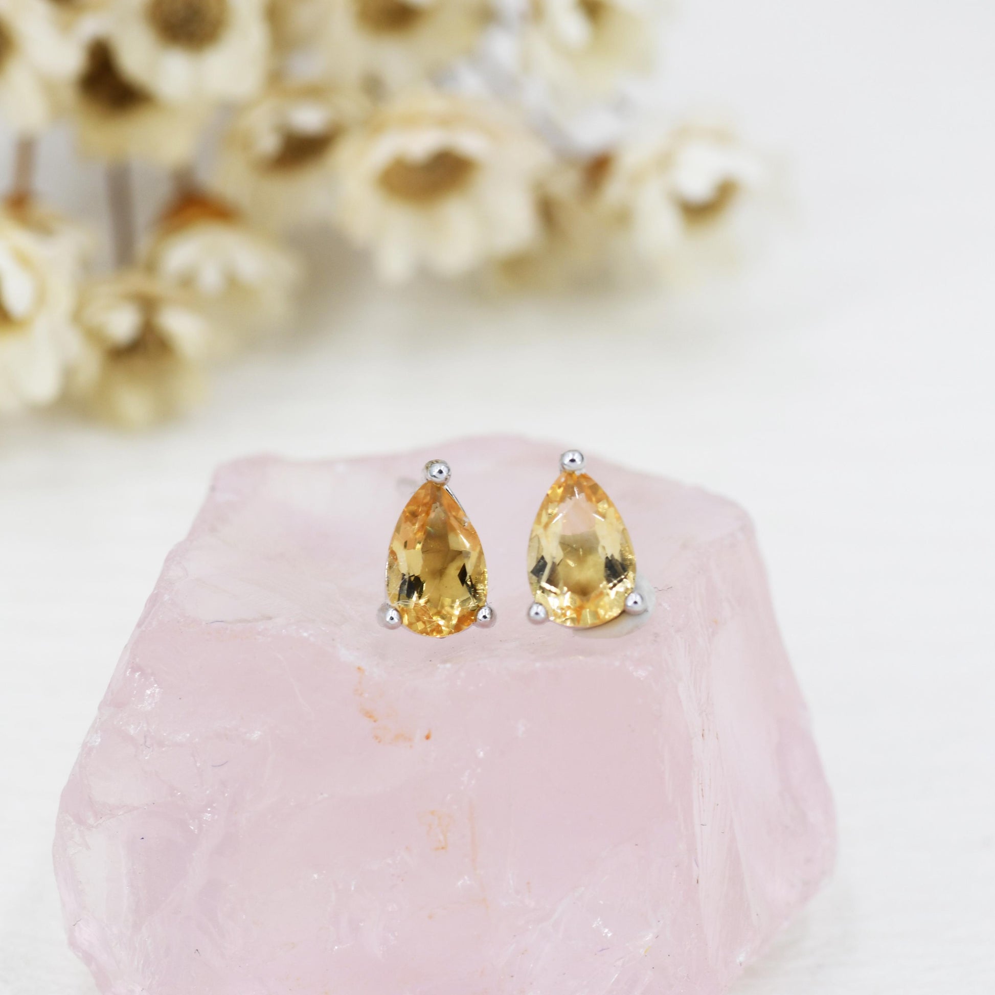 Genuine Citrine Crystal Droplet Stud Earrings in Sterling Silver, 4x6mm Natural Yellow Citrine Pear Shape Stud Earrings, November Birthstone