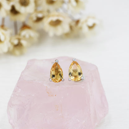 Genuine Citrine Crystal Droplet Stud Earrings in Sterling Silver, 4x6mm Natural Yellow Citrine Pear Shape Stud Earrings, November Birthstone
