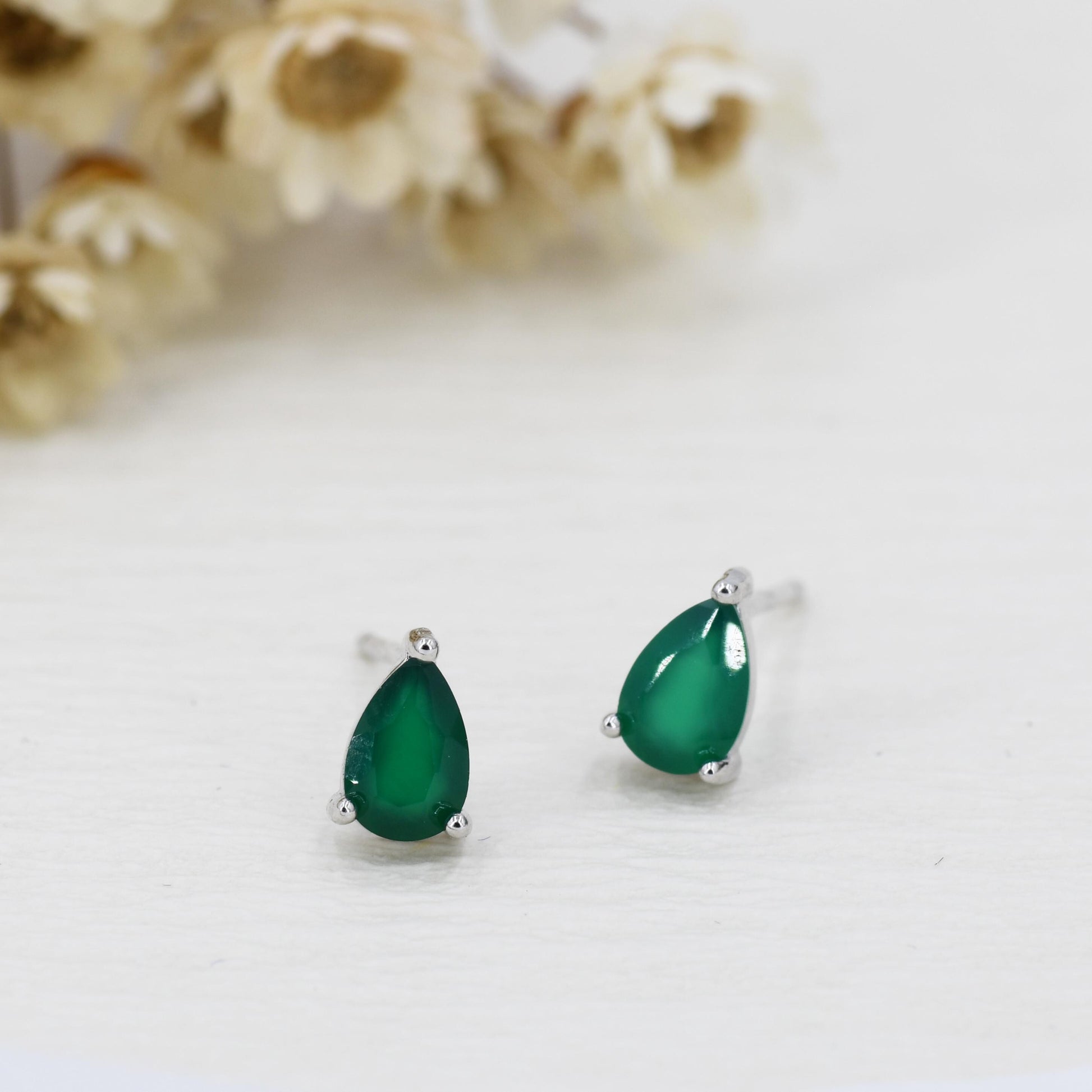 Genuine Green Onyx Droplet Stud Earrings in Sterling Silver, 4x6 mm Green Onyx Crystal Earrings, Natural Onyx Pear Cut Earrings