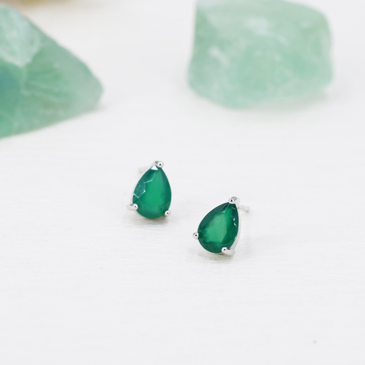 Genuine Green Onyx Droplet Stud Earrings in Sterling Silver,5x7mm Green Onyx Crystal Earrings, Natural Onyx Pear Cut Earrings