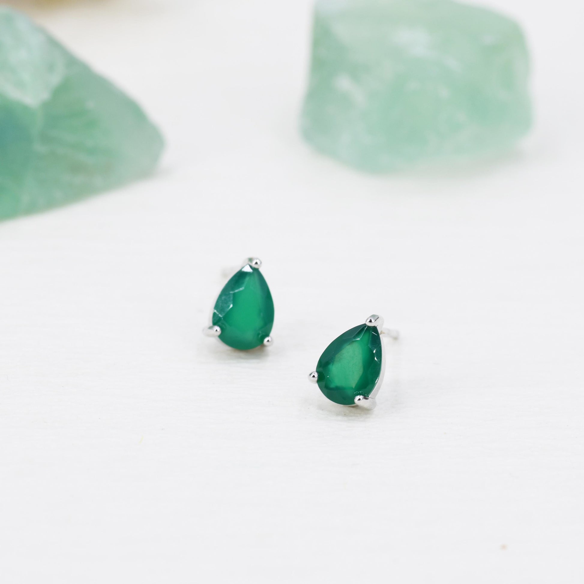 Genuine Green Onyx Droplet Stud Earrings in Sterling Silver,5x7mm Green Onyx Crystal Earrings, Natural Onyx Pear Cut Earrings