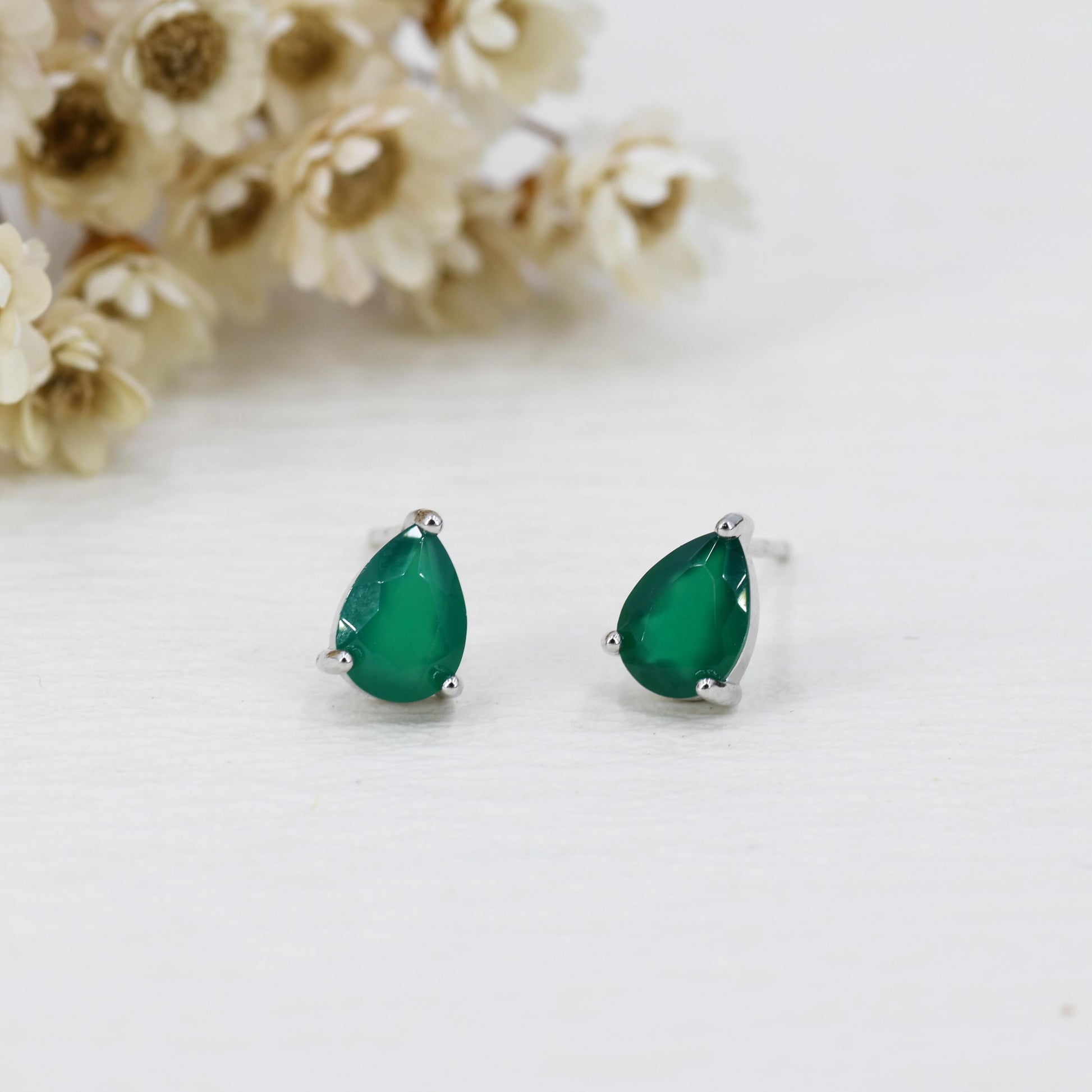 Genuine Green Onyx Droplet Stud Earrings in Sterling Silver,5x7mm Green Onyx Crystal Earrings, Natural Onyx Pear Cut Earrings