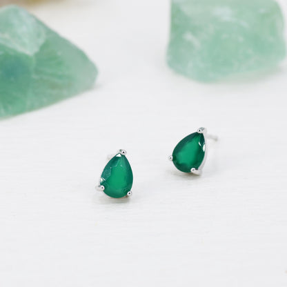 Genuine Green Onyx Droplet Stud Earrings in Sterling Silver,5x7mm Green Onyx Crystal Earrings, Natural Onyx Pear Cut Earrings