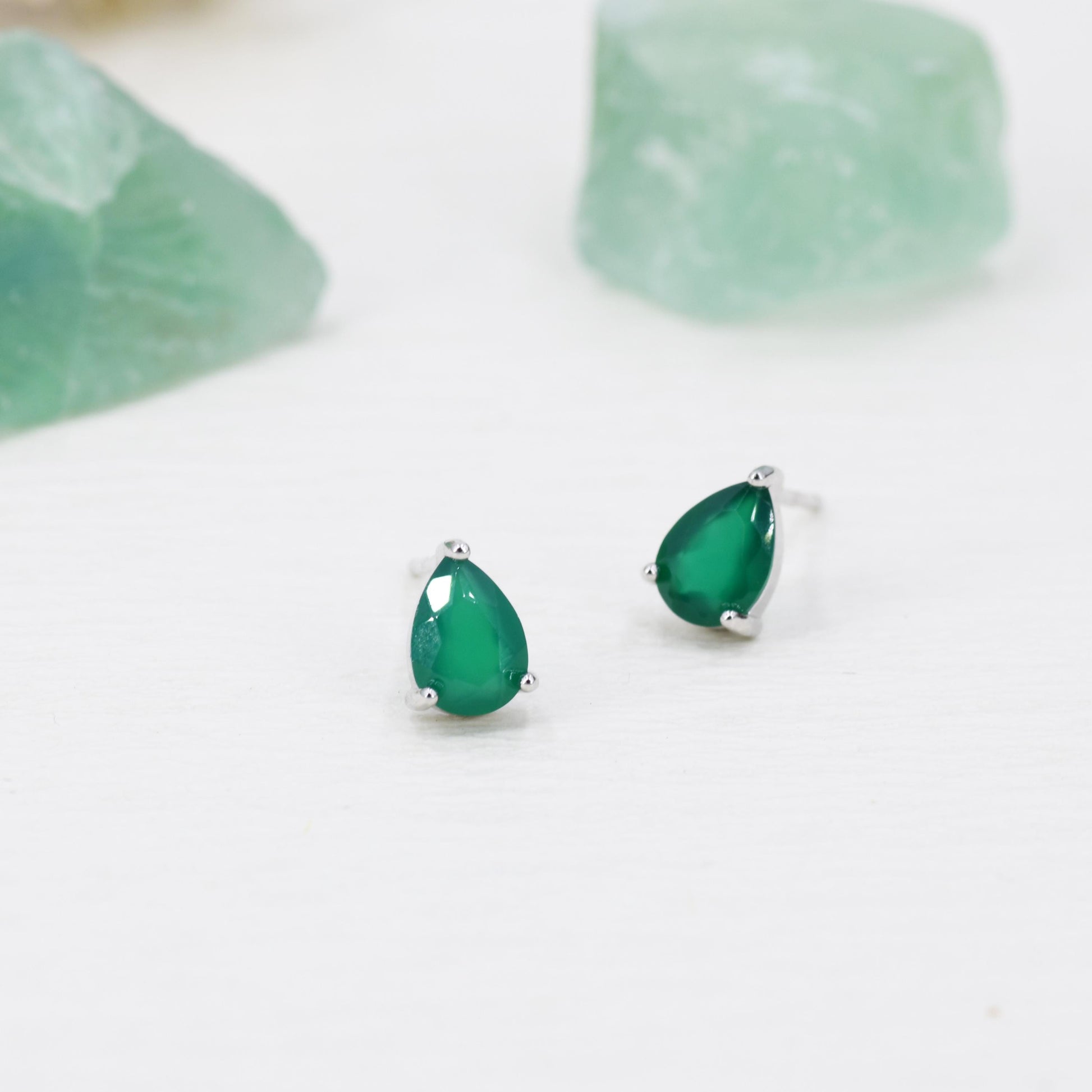 Genuine Green Onyx Droplet Stud Earrings in Sterling Silver,5x7mm Green Onyx Crystal Earrings, Natural Onyx Pear Cut Earrings