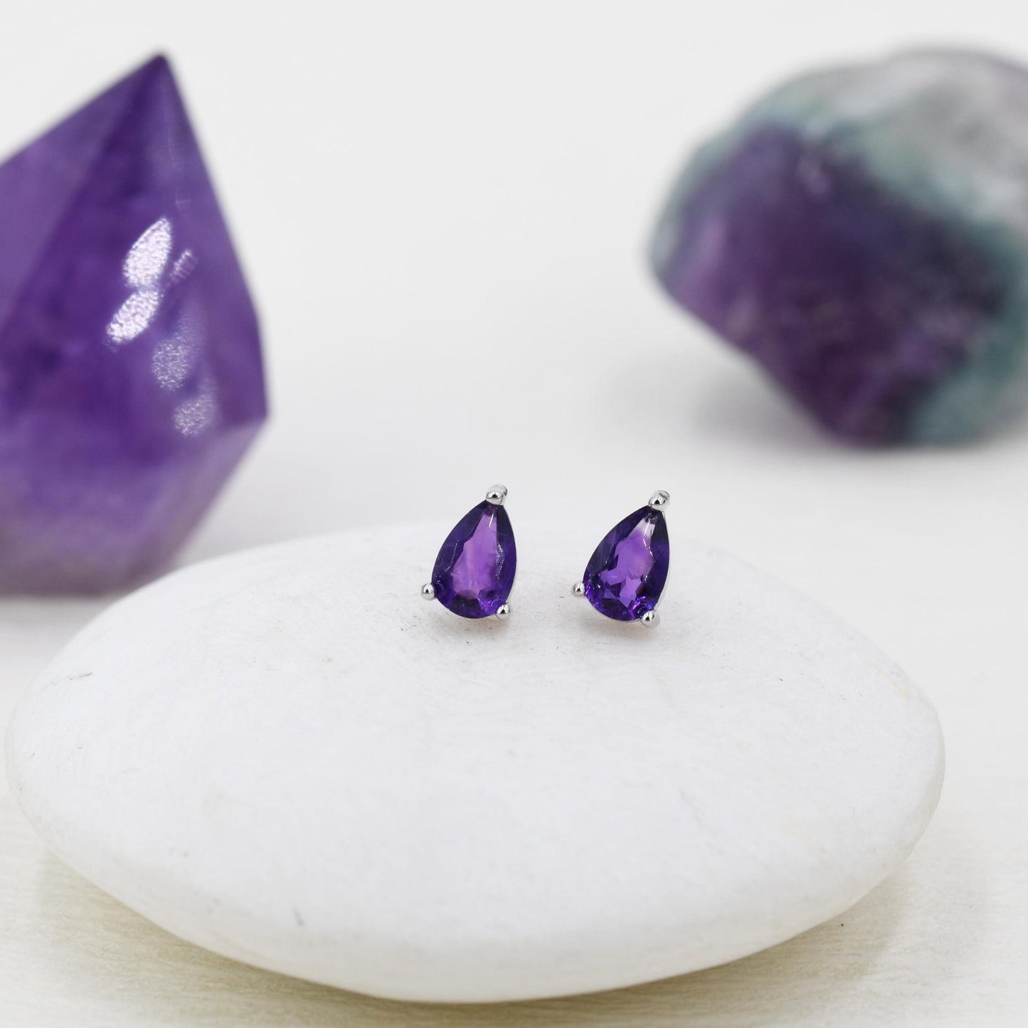 Extra Tiny Genuine Amethyst Droplet Stud Earrings in Sterling Silver, 4x6mm Amethyst Crystal Earrings, Natural Purple Amethyst Pear Earrings