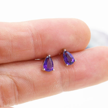 Extra Tiny Genuine Amethyst Droplet Stud Earrings in Sterling Silver, 4x6mm Amethyst Crystal Earrings, Natural Purple Amethyst Pear Earrings